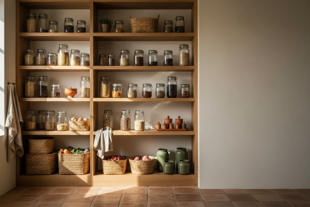 Natural lit kitchen showing organic pantry organization