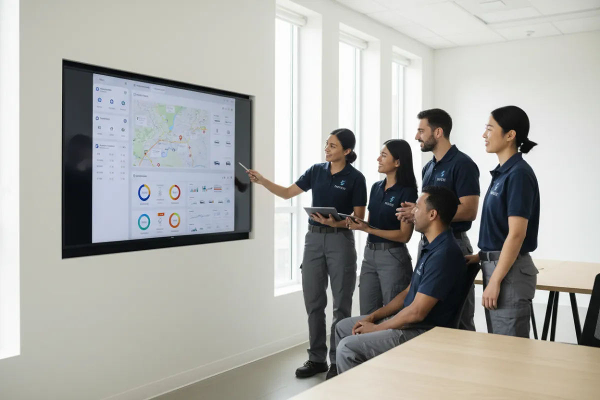 A team of diverse home-service professionals collaborating in a bright workspace, reviewing a digital dashboard on a large screen. The environment is modern, with natural light and visible teamwork, highlighting technology-driven service.