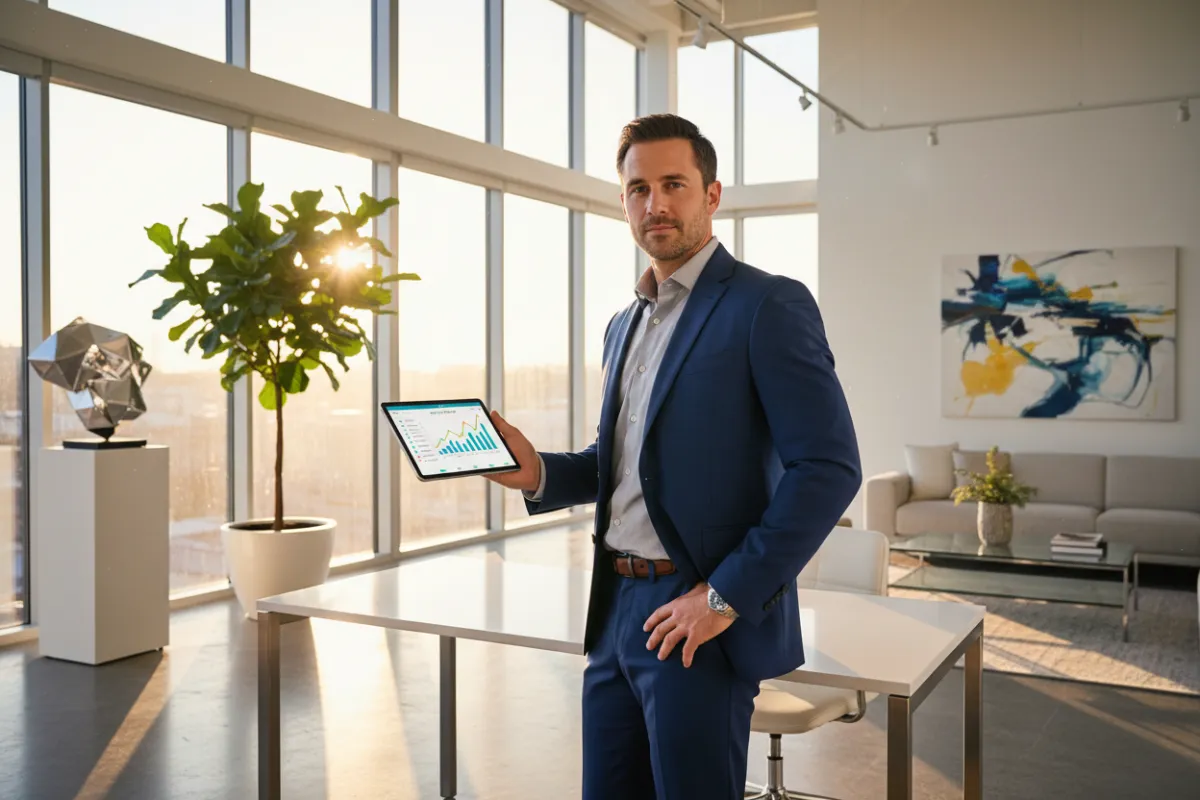 A confident home-service business owner in a modern office, reviewing revenue analytics on a tablet, with sunlight streaming through large windows. The setting is bright, professional, and energetic, emphasizing technology and business growth.