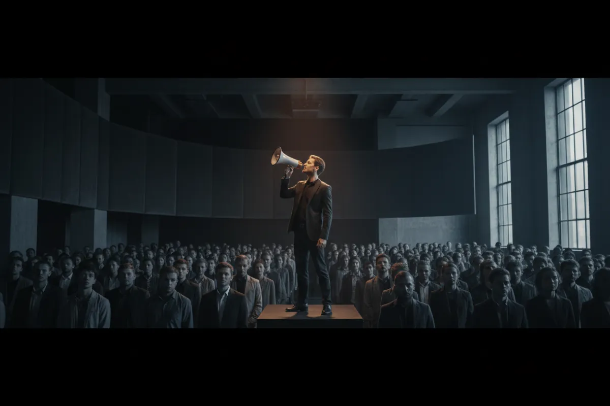 Founder with megaphone shouting to a large gray crowd with no reaction