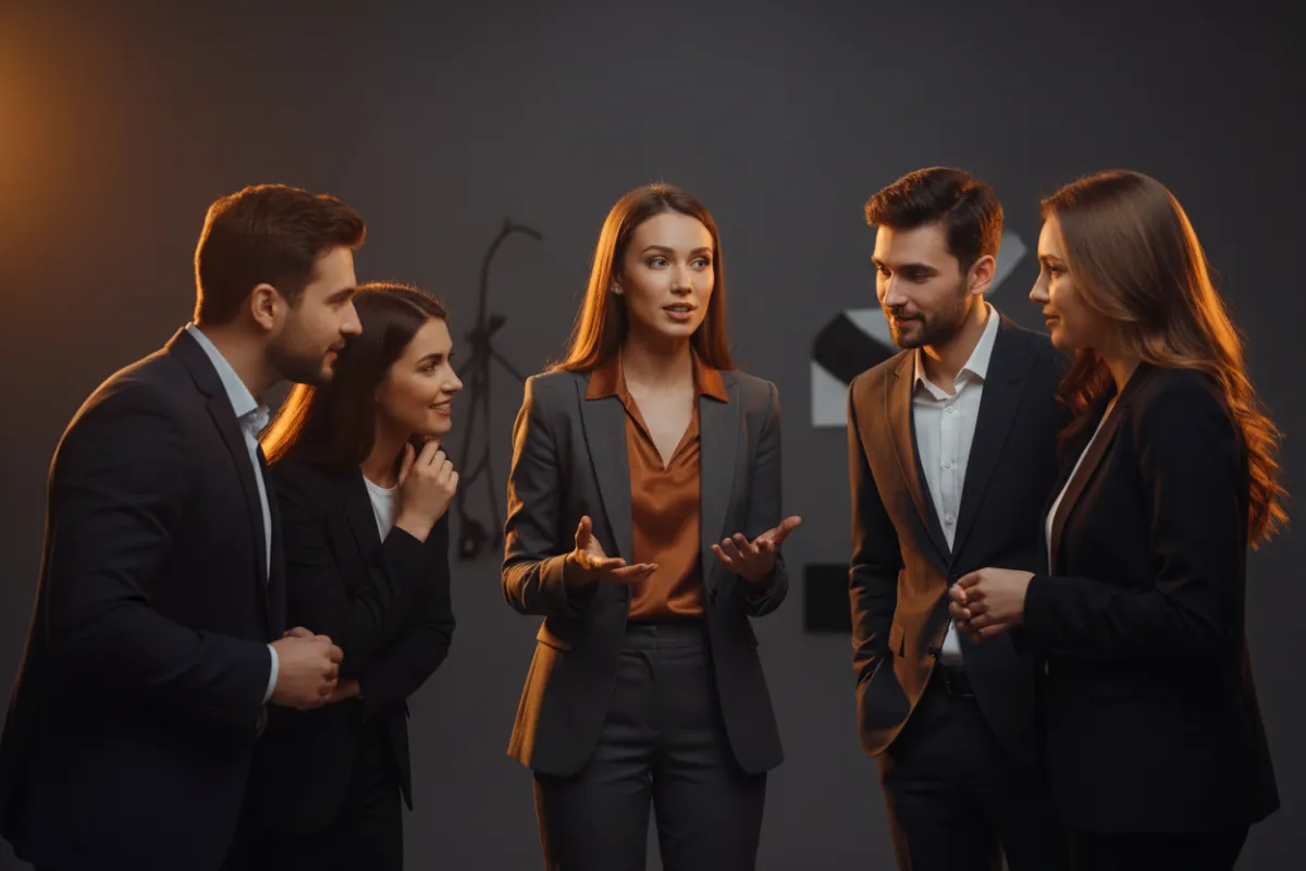 Founder having a focused conversation with people leaning in and lightbulbs turning on
