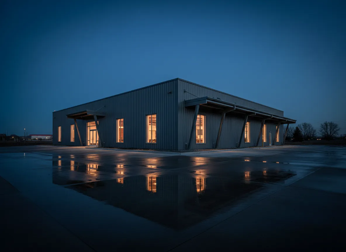 Steel building structure at dusk