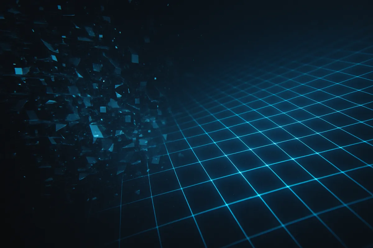Cinematic abstract background of glitch transforming into a structured grid, chaos resolving into pattern.