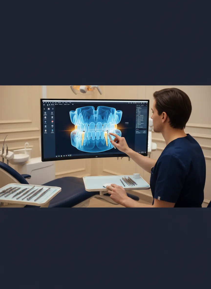 Dental specialist reviewing a digital implant plan for a full-arch restoration