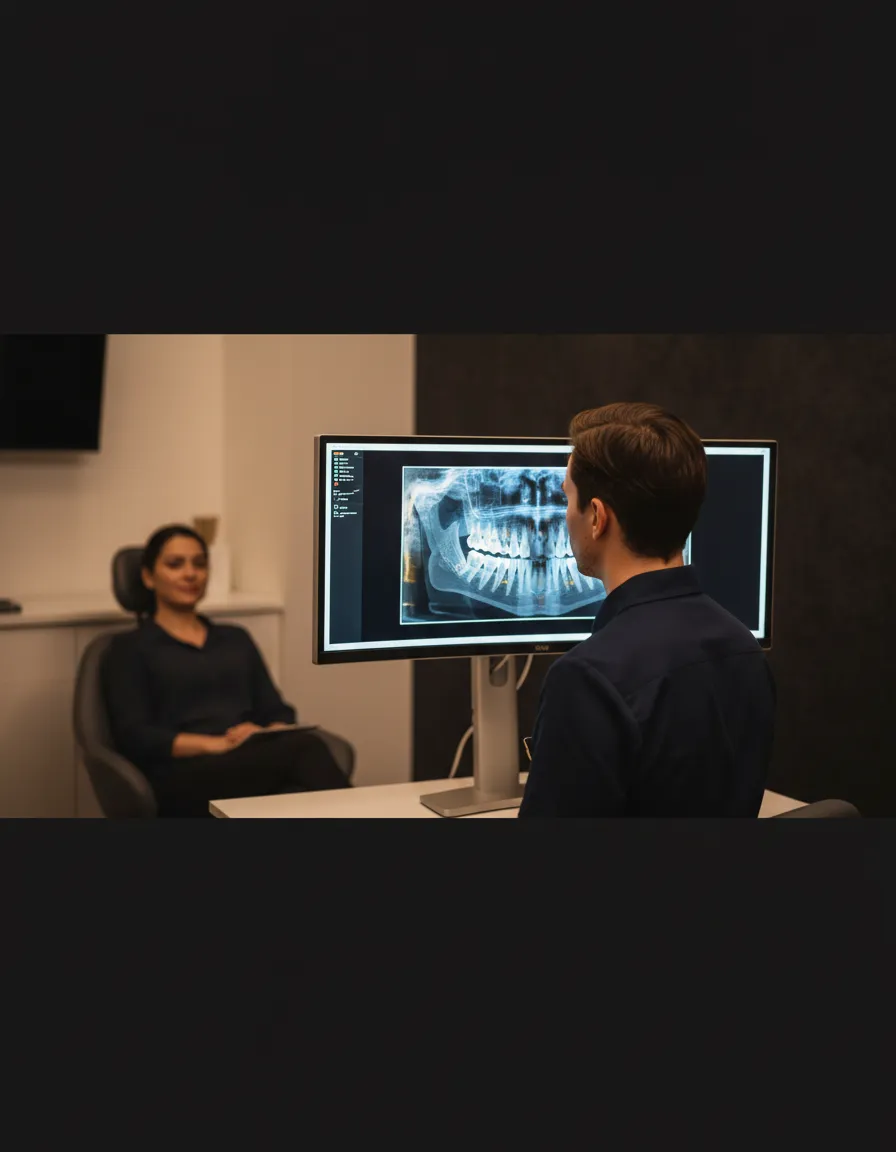 Specialist reviewing 3D CBCT imaging with a patient