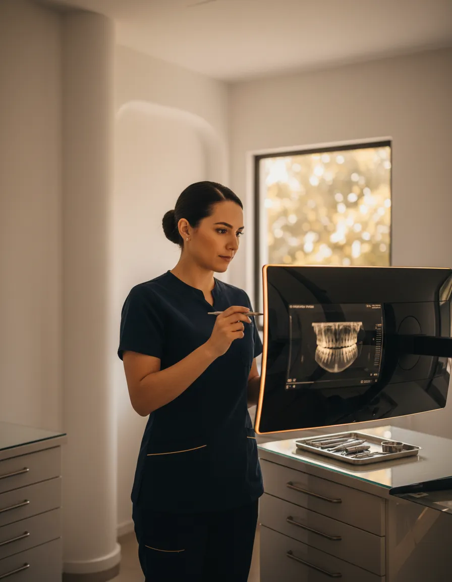 Dentist reviewing 3D CBCT scans for a patient in Costa Rica
