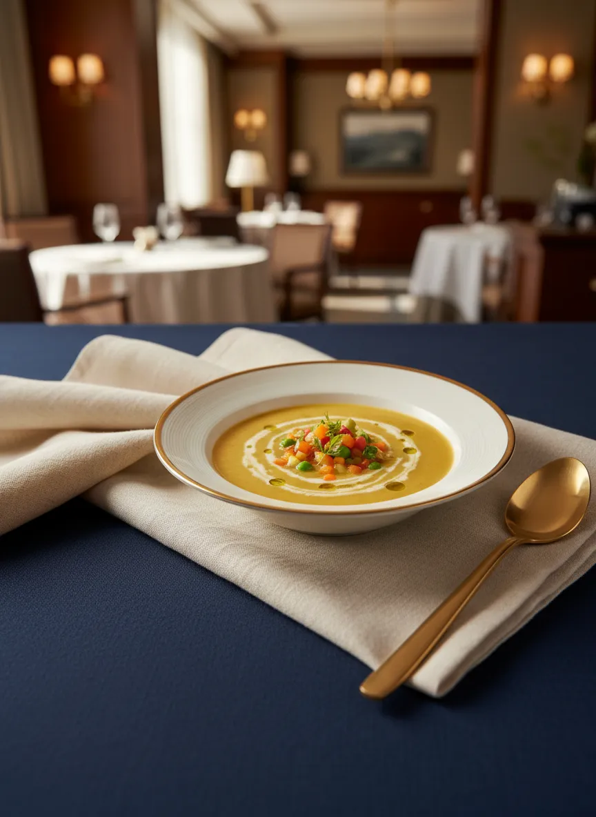 Gourmet smoothie or creamy soup in a luxury dining setting