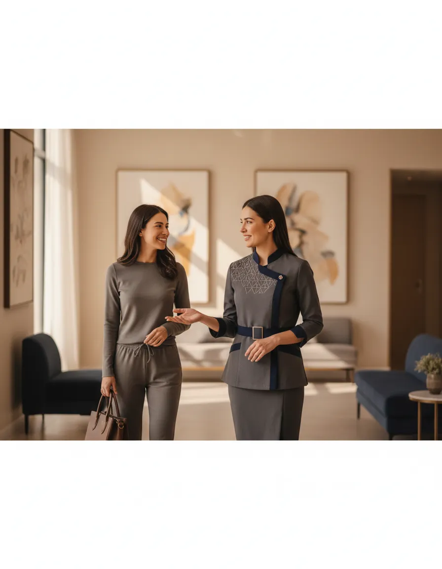 A professional concierge assisting a patient in a calm, modern setting