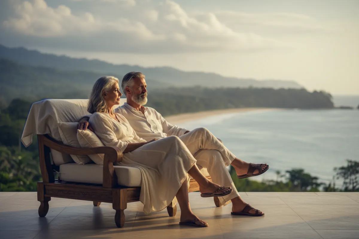 Soft-focus image of a mature couple relaxing peacefully on a shaded luxury terrace overlooking the Costa Rican coast.