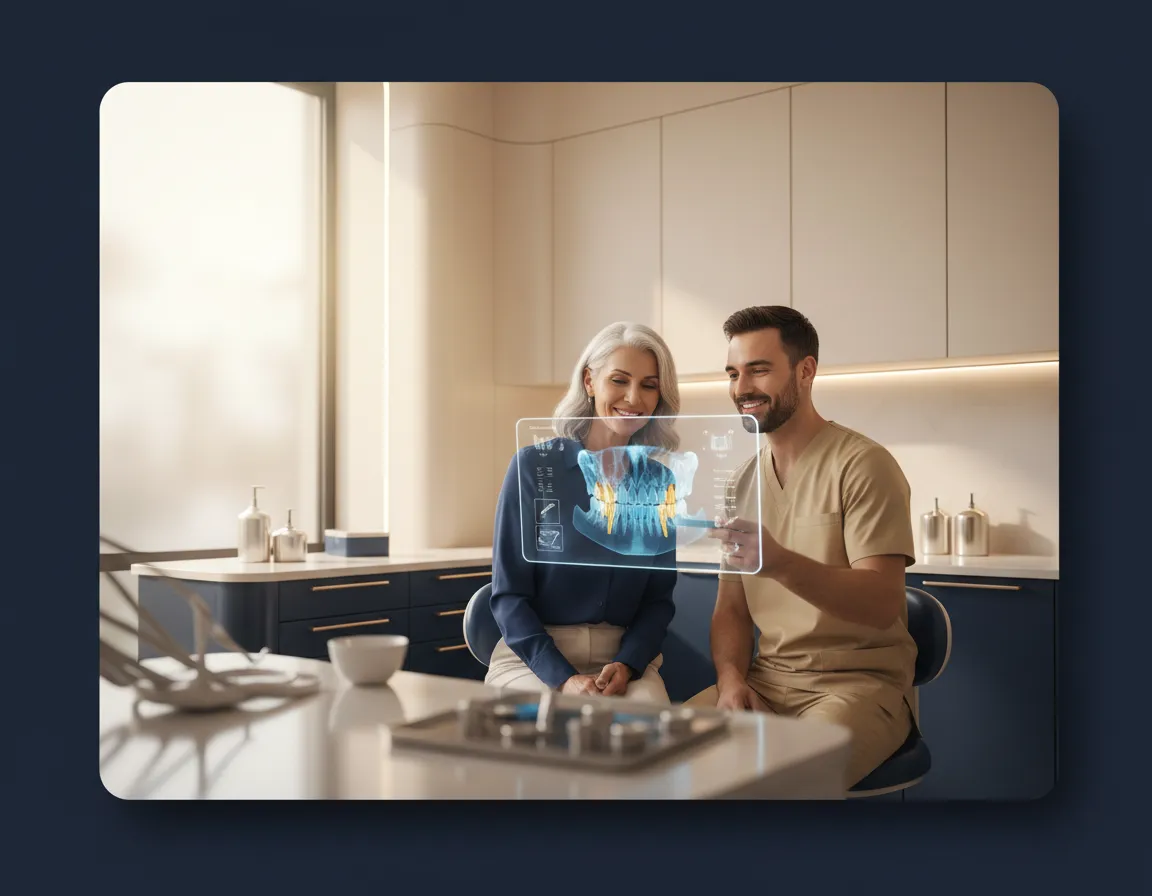 Dental implant specialist conducting an initial patient consultation in a modern clinical setting.