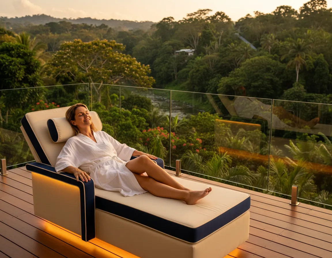 Patient relaxing in a luxury recovery suite following a complex dental procedure.
