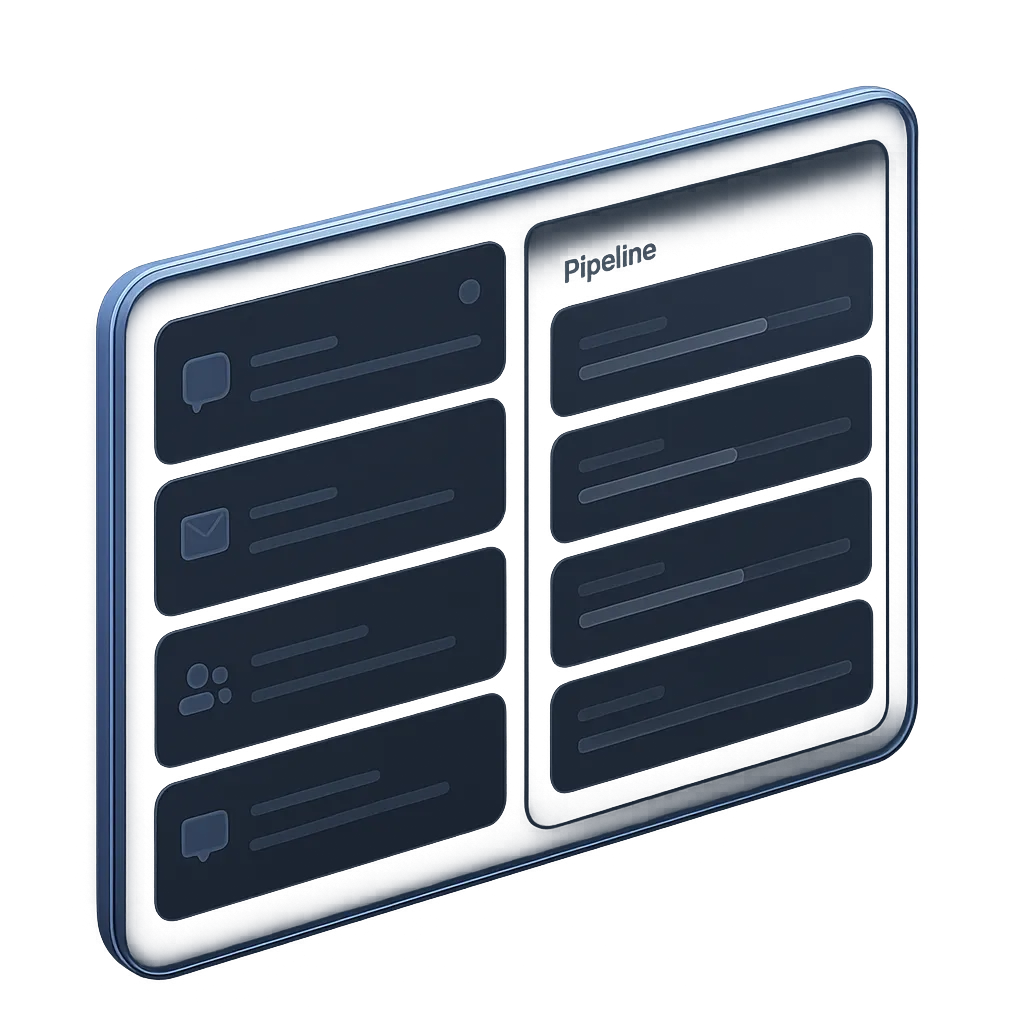 Floating Lightcom unified dashboard showcasing live multichannel inbox feed and active sales pipeline stages