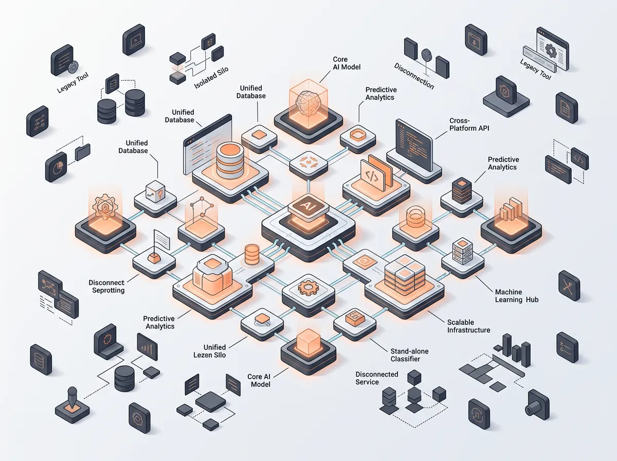 Technical diagram showing unified AI ecosystem connecting data nodes versus fragmented isolated tools