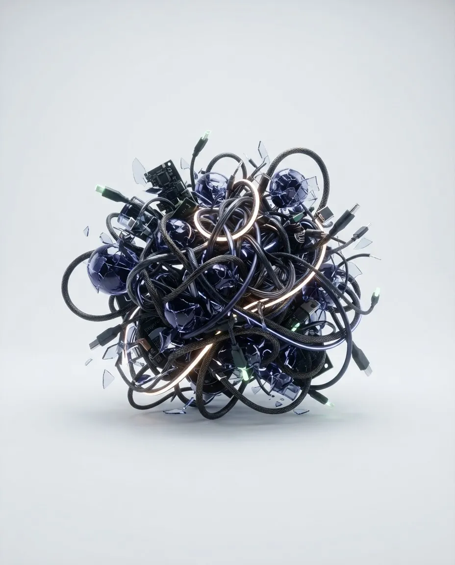 Conceptual depiction of fragmented tools with broken connections versus a sleek closed-loop system