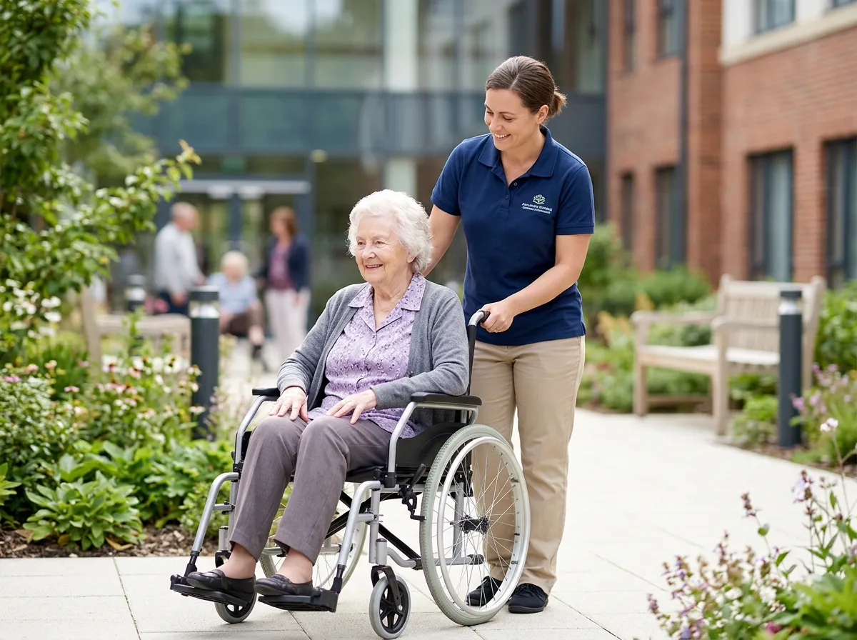 Caregiver assisting an elderly patient in a wheelchair.