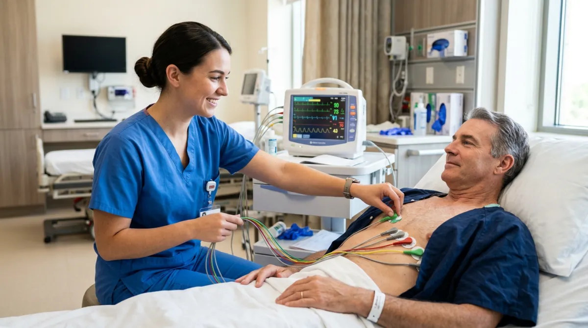 Female technician placing EKG sensors on a patient.