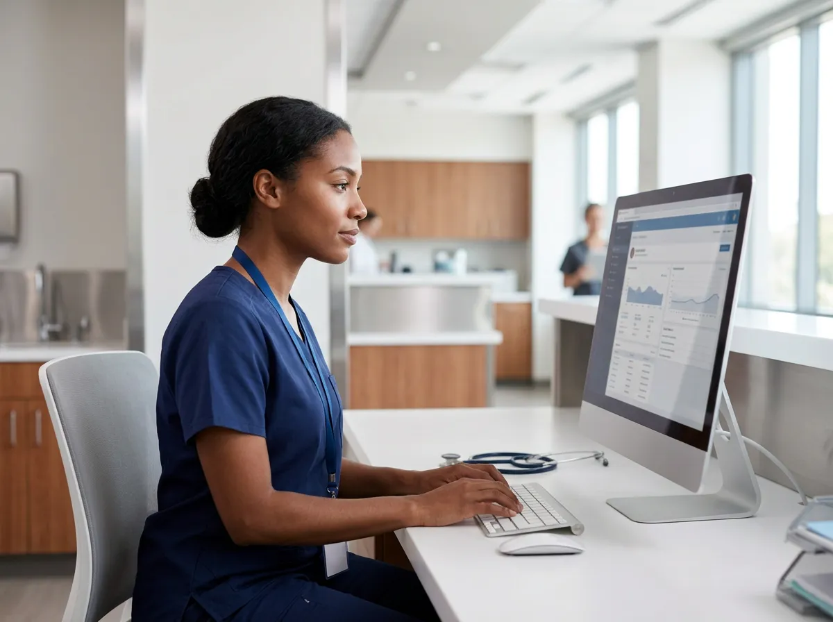 Woman in scrubs working at a computer in a clinical setting.