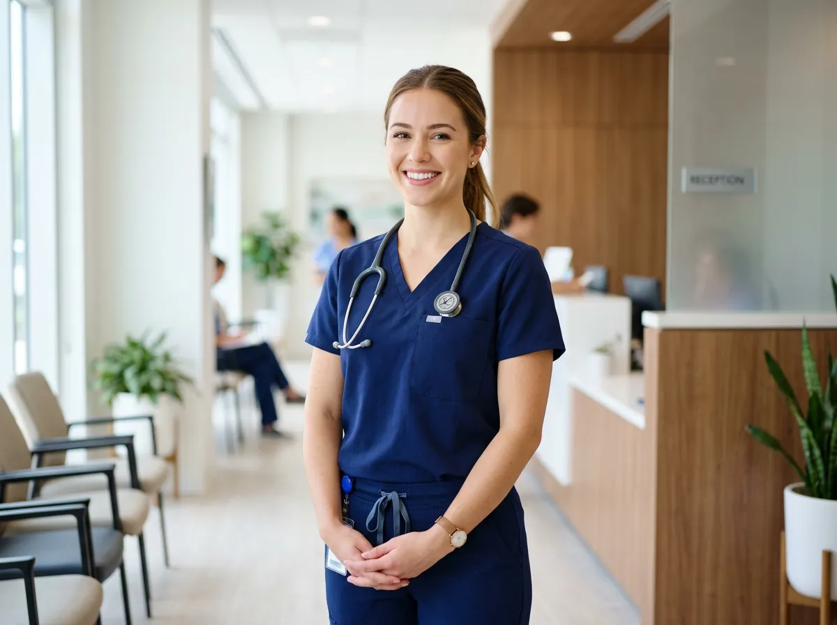 Smiling female medical assistant in blue scrubs with a stethoscope.