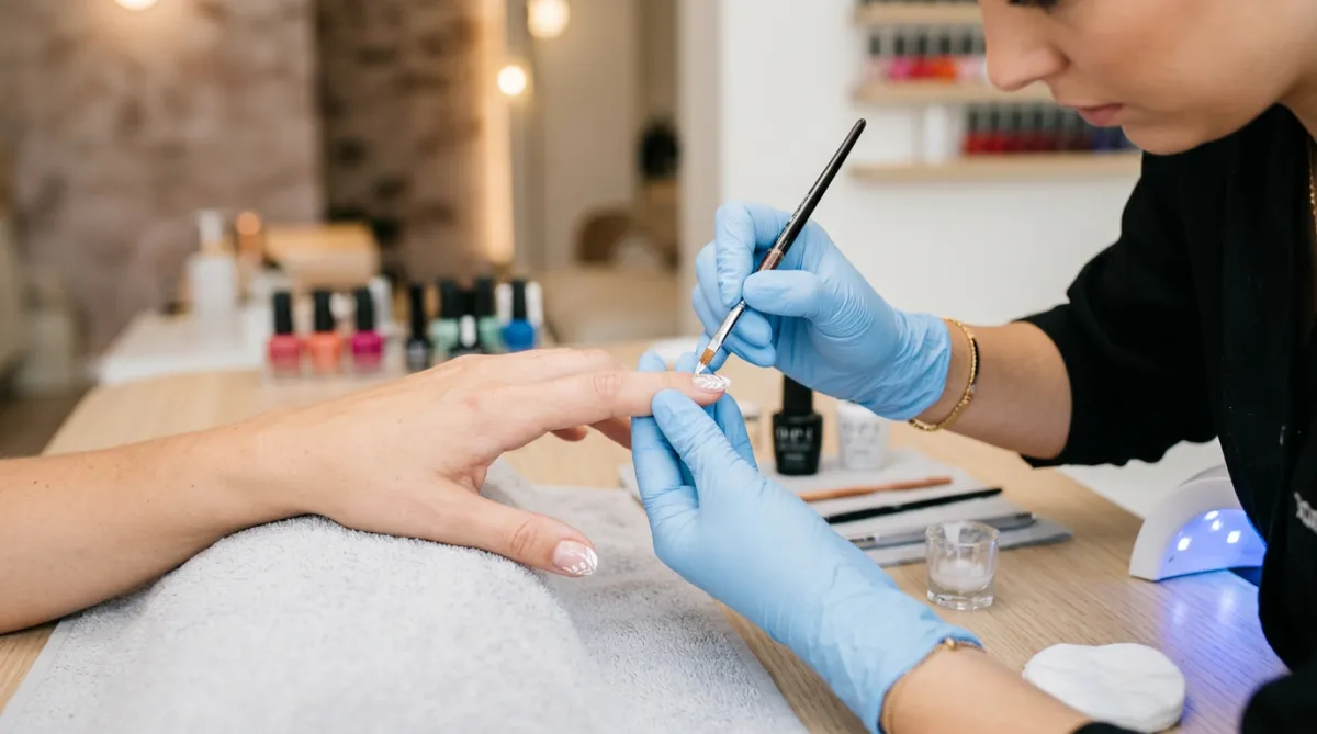 Close up of hands receiving a manicure, filing nails.