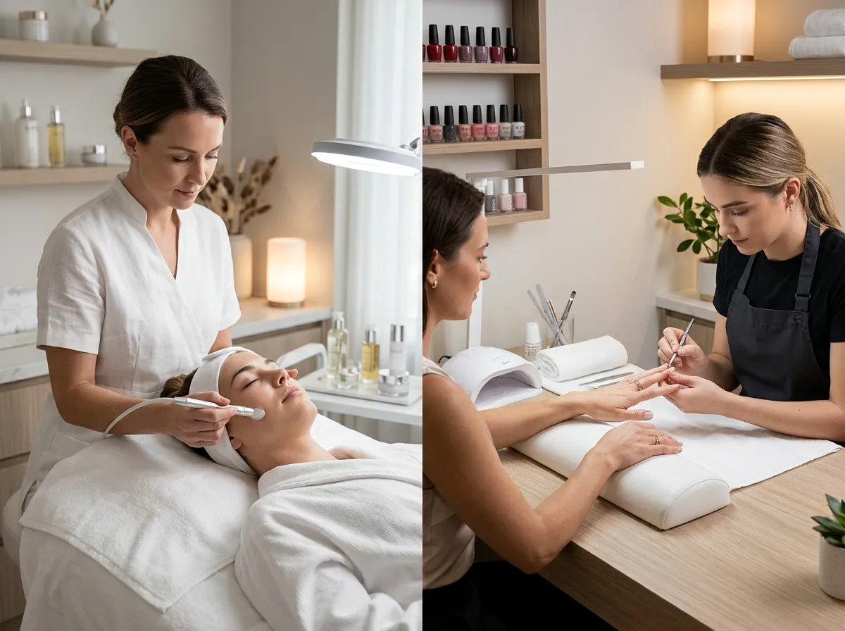 Split image showing facial treatment and nail painting