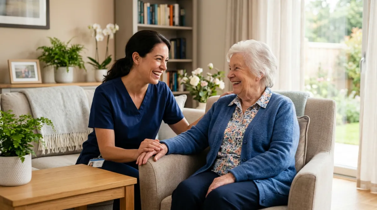 Caregiver smiling with an elderly woman indoors.