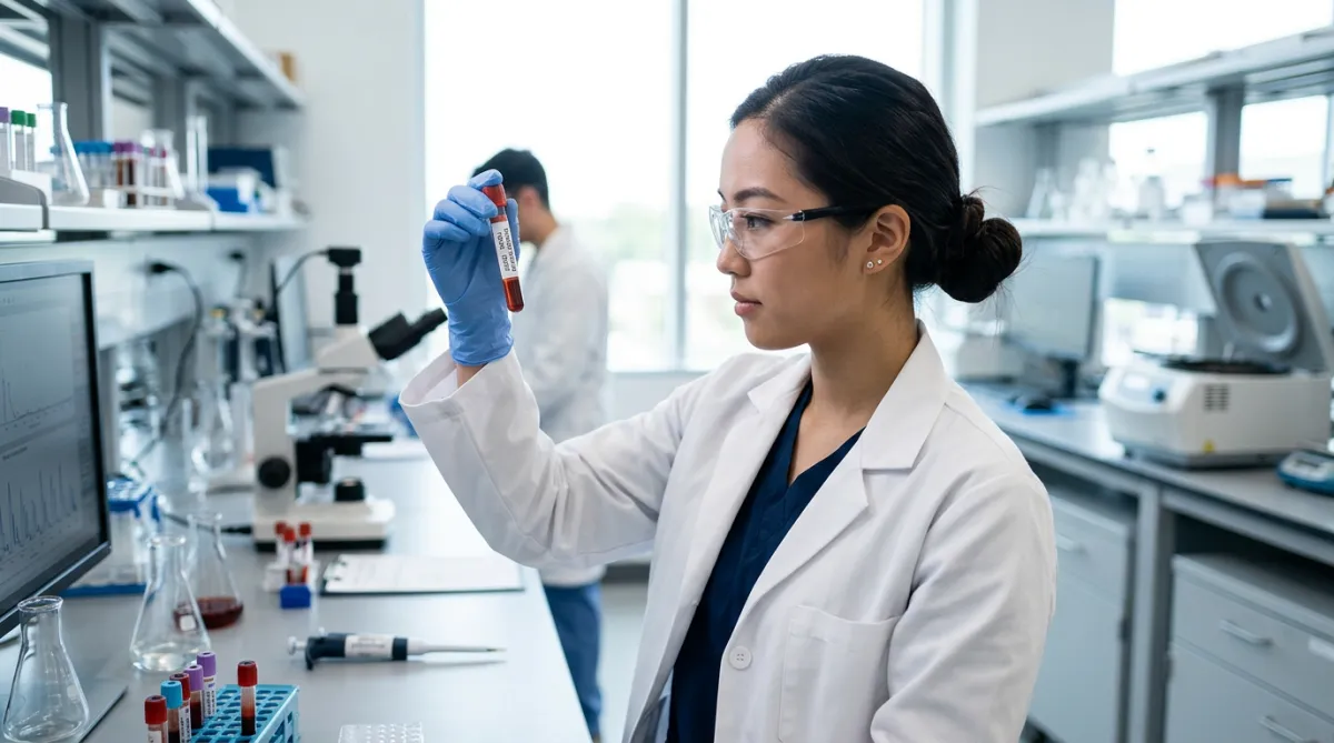 Female student in a lab looking closely at a blood sample tube.