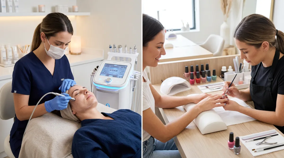Split image of a woman's face getting treatment and a hand with painted nails.