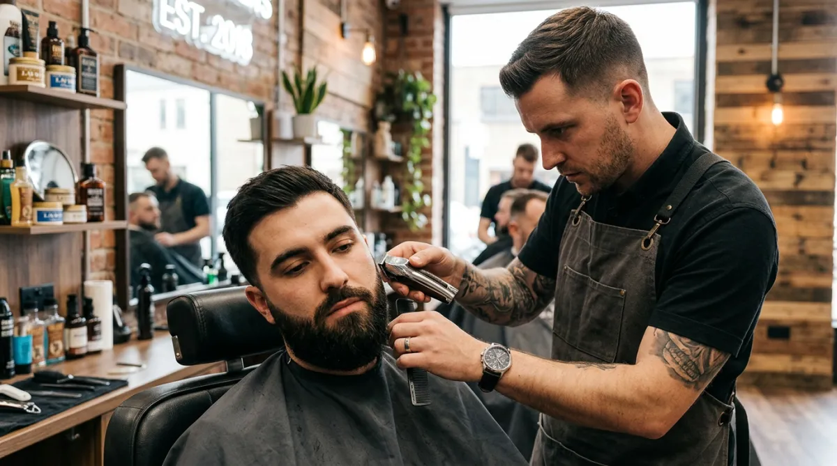 Barber shaping a client's beard.
