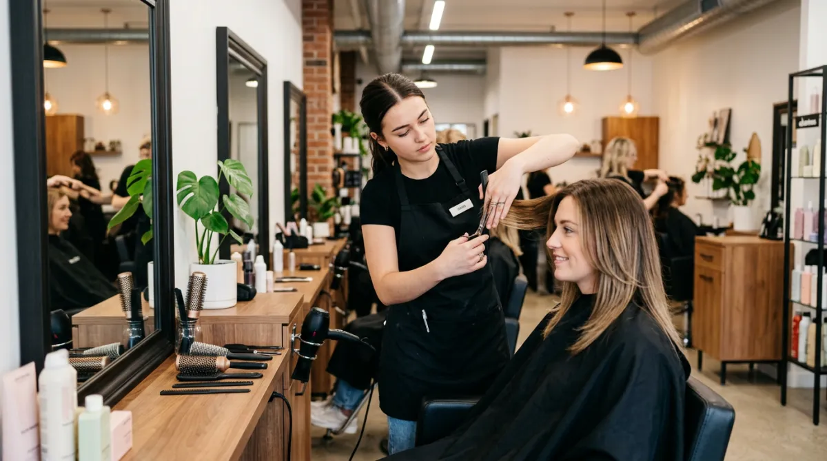 Student styling a client's hair in a salon setting.