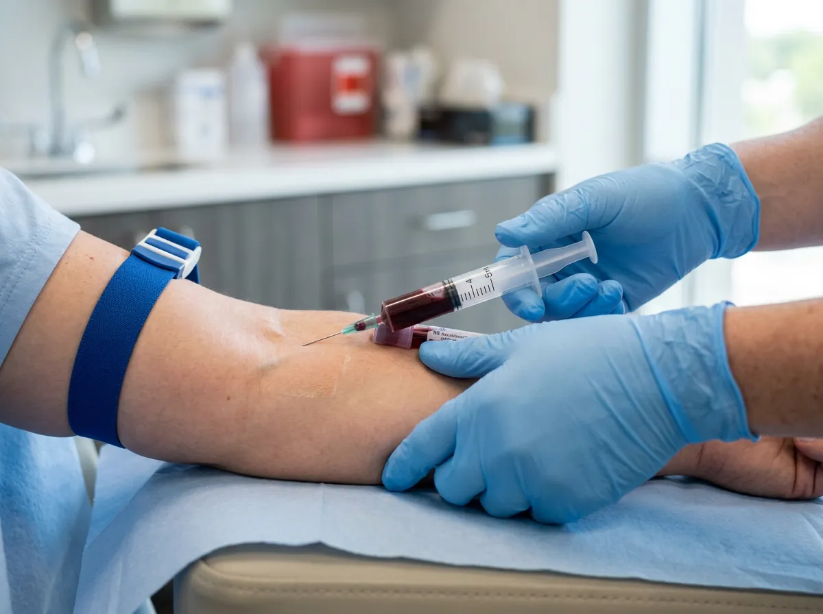 Close-up of gloved hands drawing blood with a syringe.