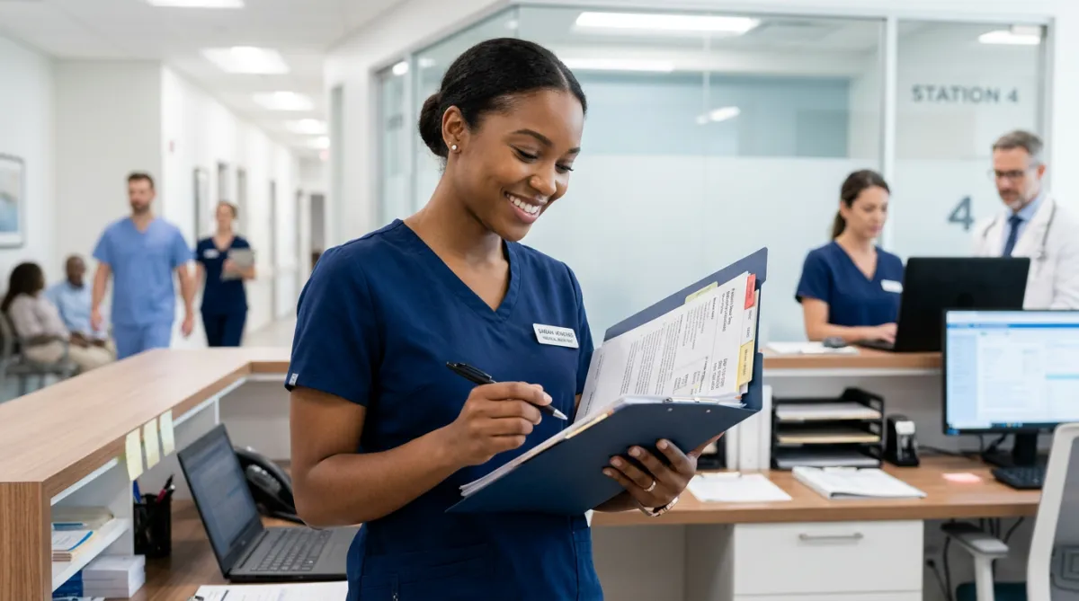 Smiling female medical assistant reviewing a chart.