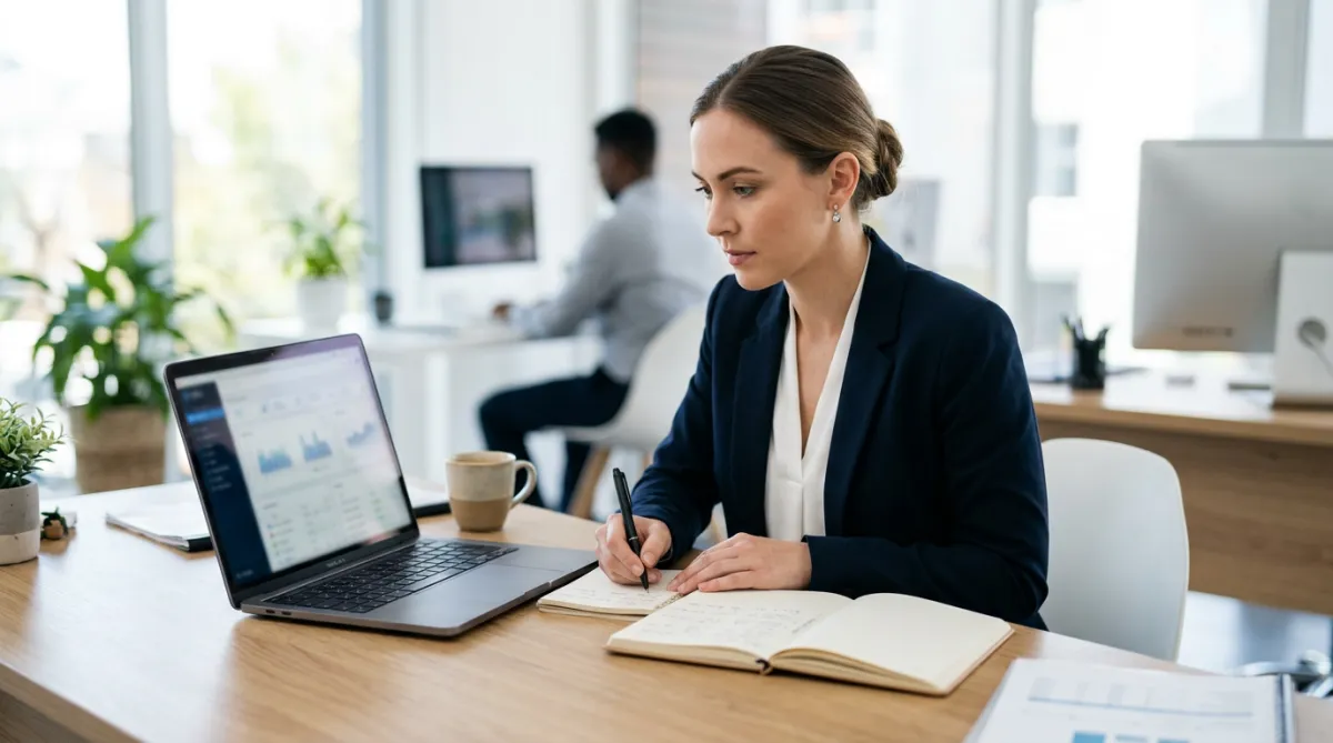 Professional taking notes while looking at a laptop screen.
