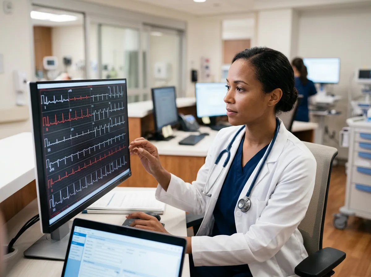 Medical professional reviewing EKG results on a monitor.