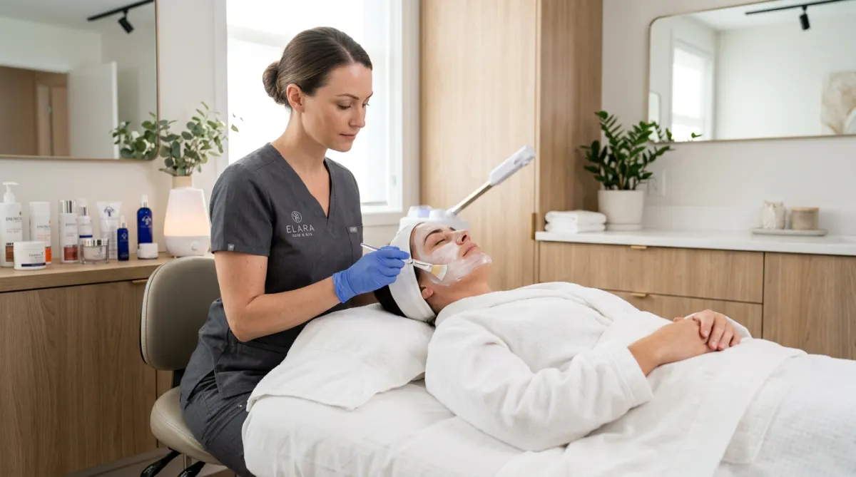 Estudiante aplicando tratamiento facial a una clienta