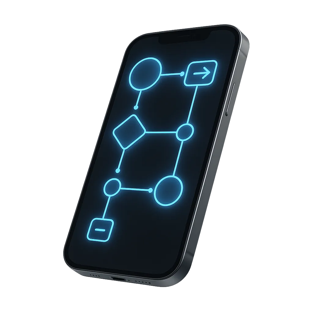 Sleek 3D mobile cutout displaying GoHighLevel automation flow wireframe without people
