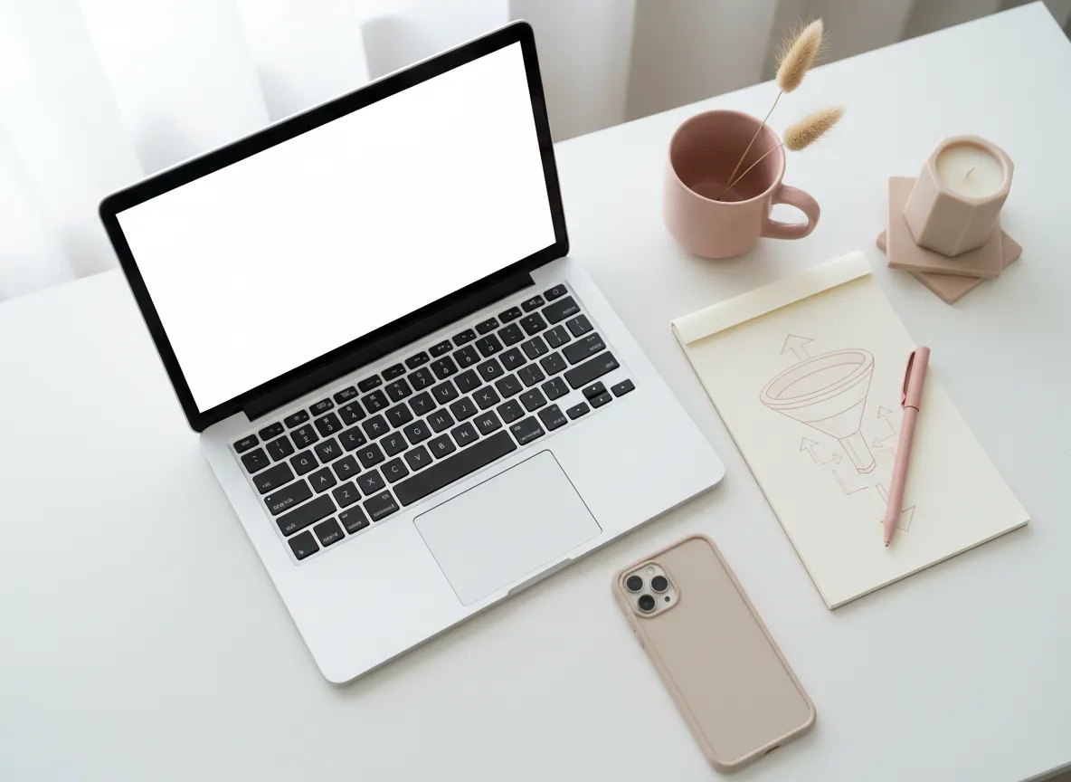 Soft feminine workspace with laptop and notebook