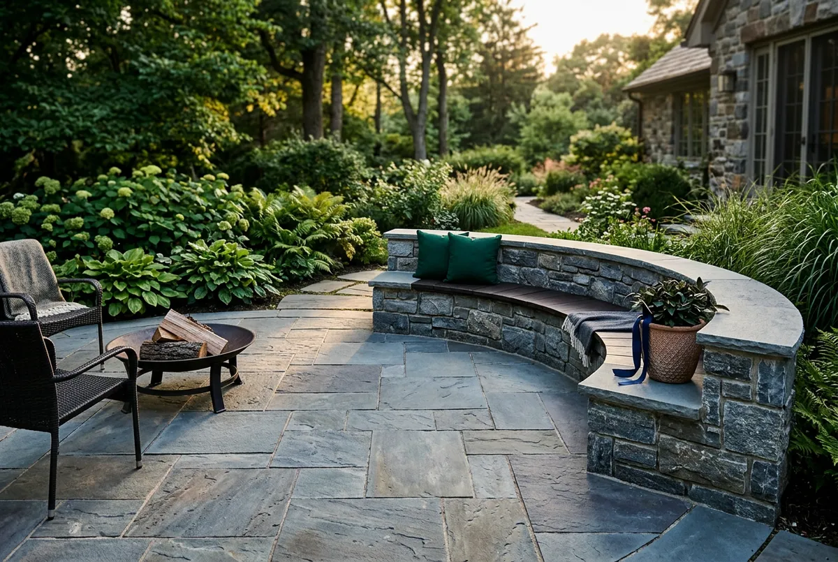 Natural bluestone patio hardscape with integrated seating wall