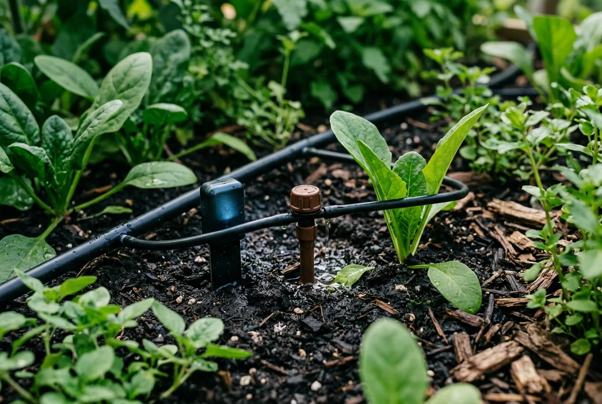 Smart drip irrigation installation with moisture sensors in garden beds