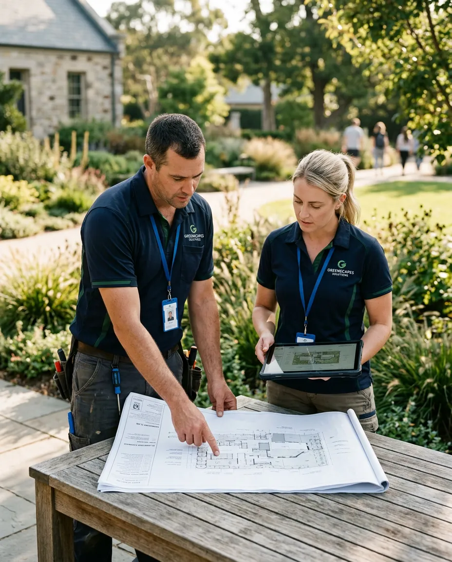 Professional landscaping crew reviewing property design plans outdoors