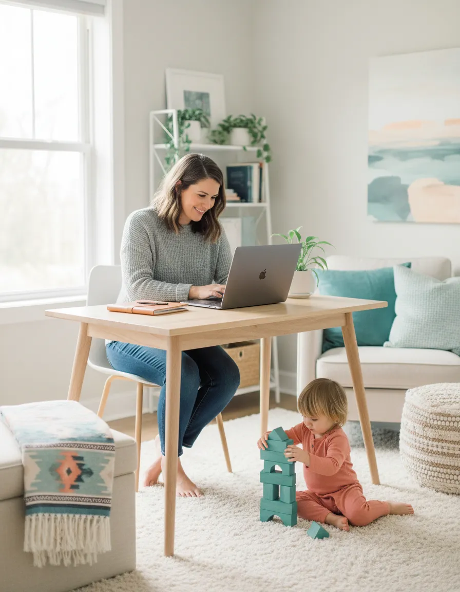 Coach of The Present Founder working at a desk with a child nearby