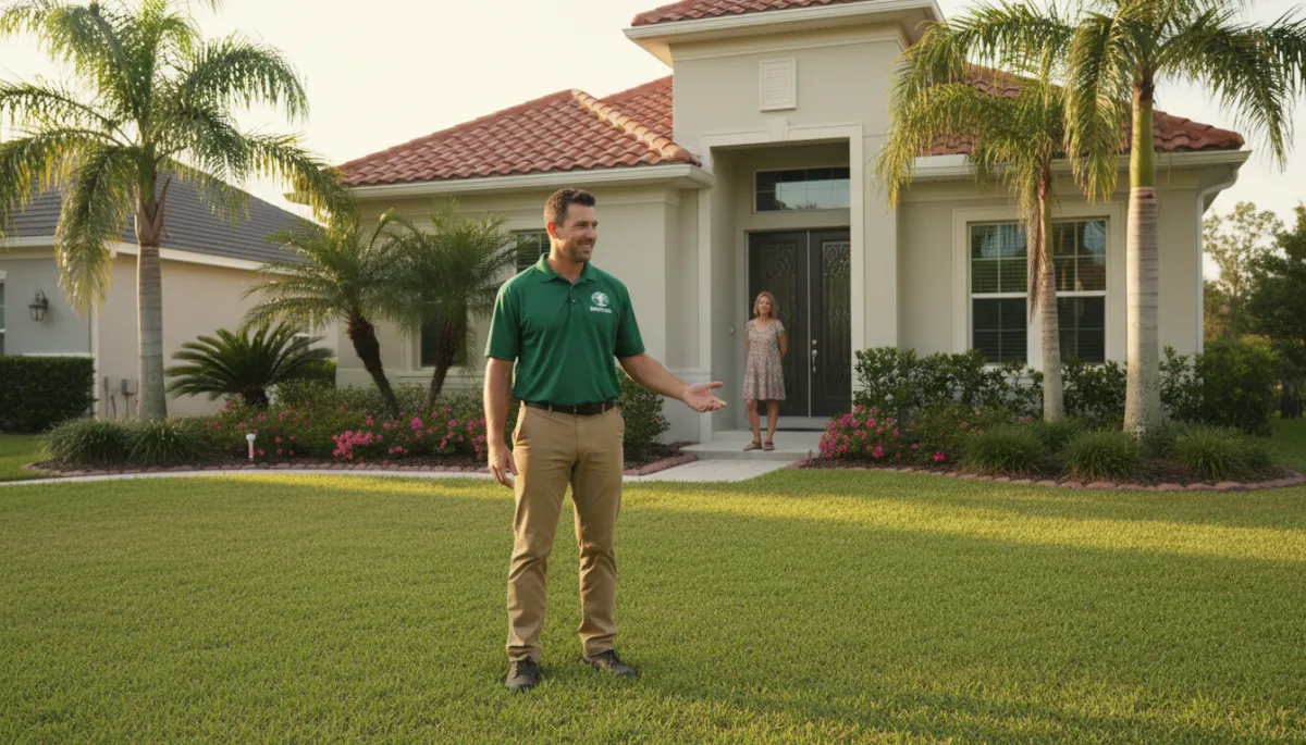 Technician treating a green lawn in Jacksonville neighborhood