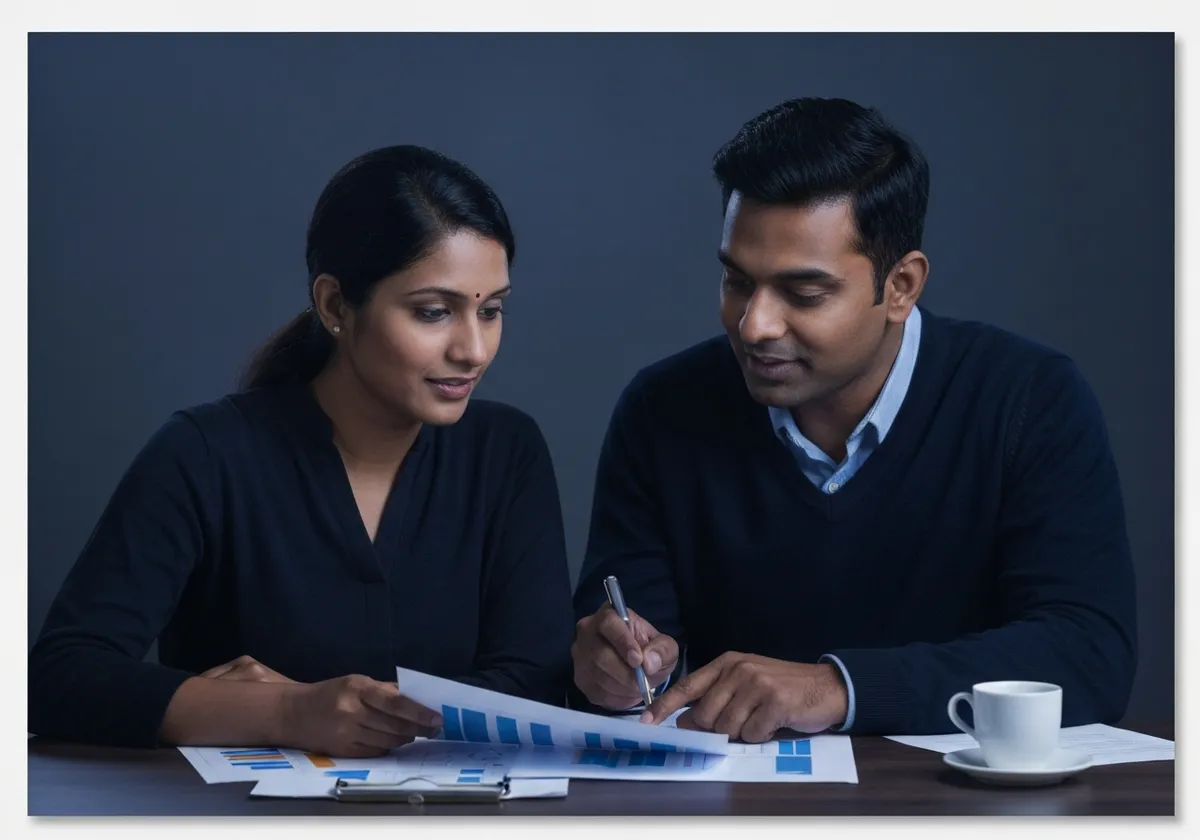 Indian parent planning goals with financial advisor on paper