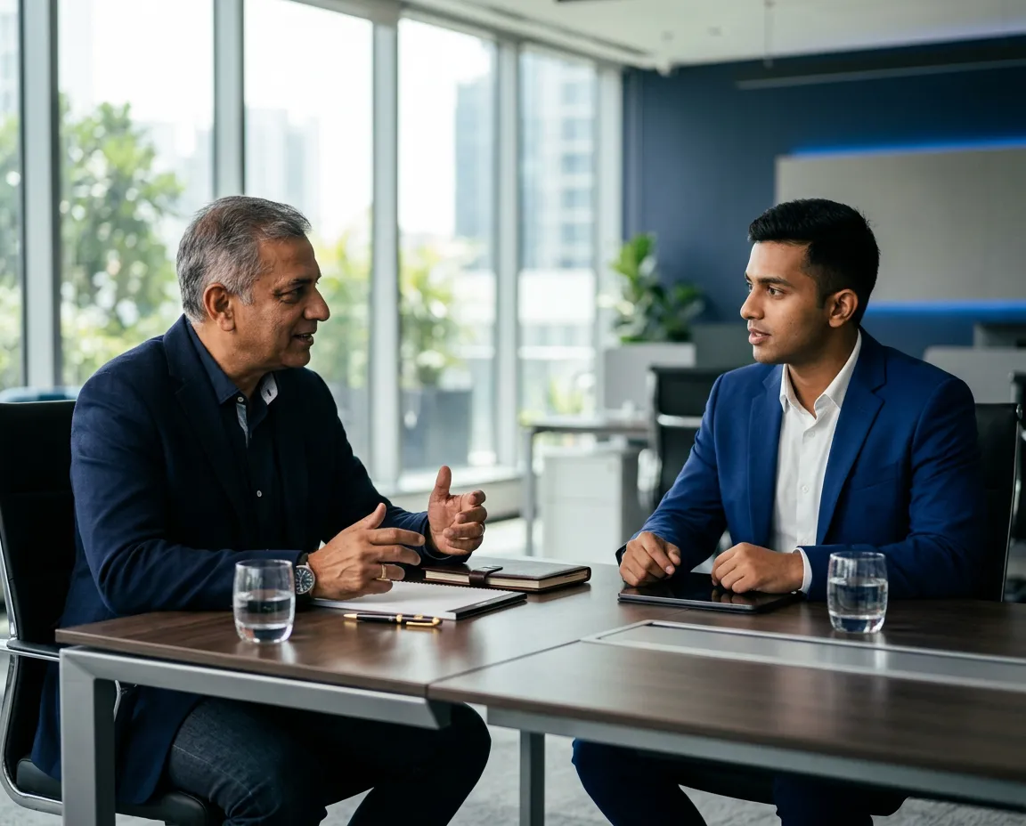 One-on-one executive career mentorship discussion in a sophisticated modern conference room