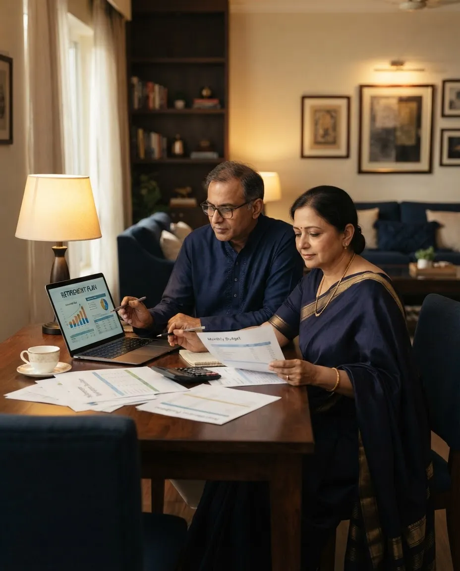 Sobering portrait of a mature Indian couple carefully reviewing financial and pension documents at home