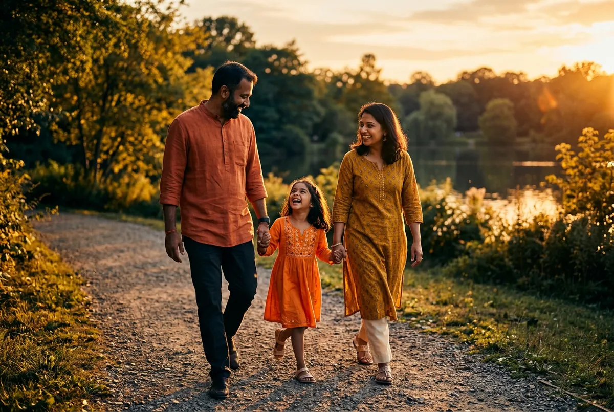 Peaceful Indian family with parents and happy daughter laughing together outdoors in golden sunlight