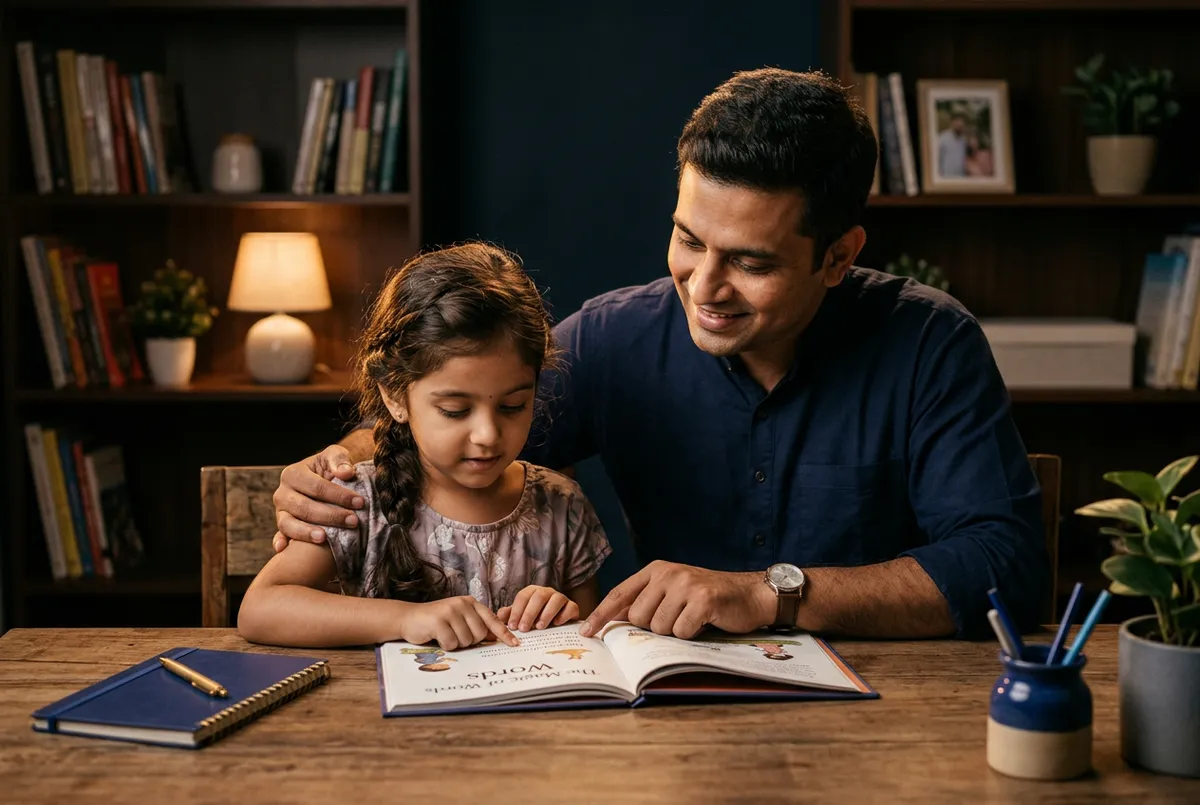 Indian father helping his young daughter with study books at home desk