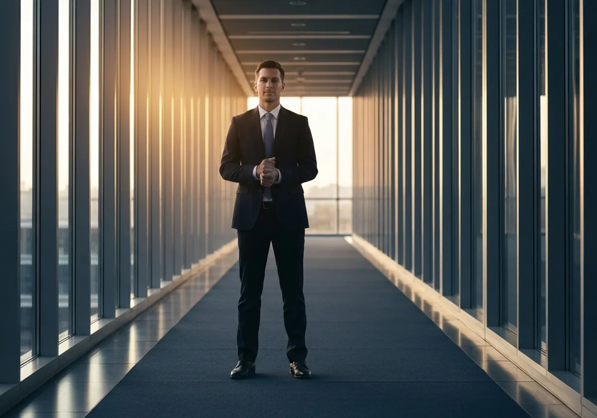 A confident financial leader in a modern office, full color with gold highlights.