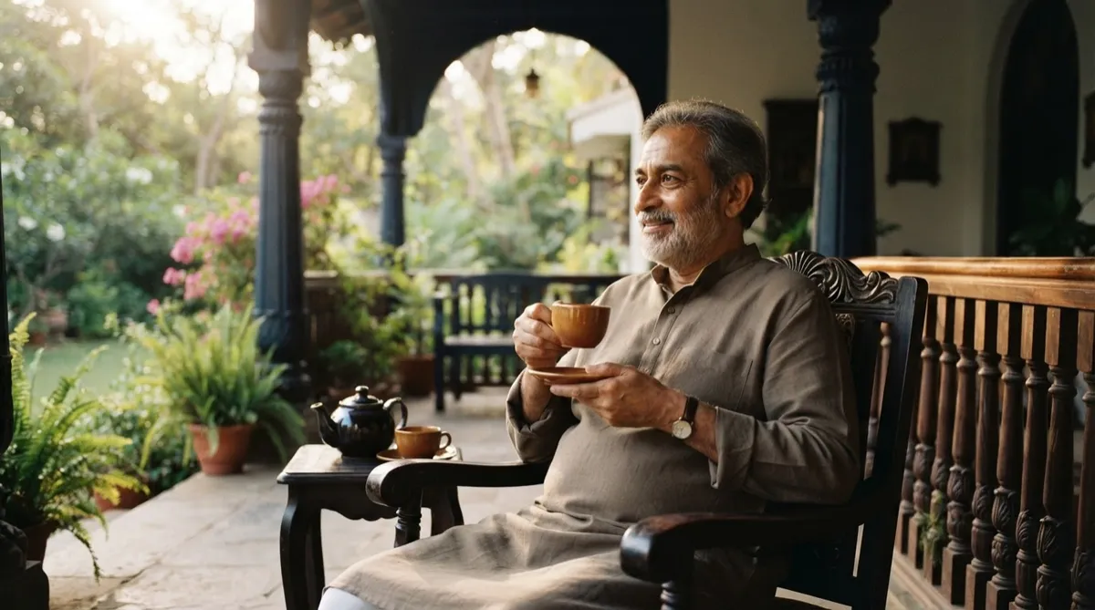 Peaceful Indian gentleman relaxing with tea on a tranquil verandah
