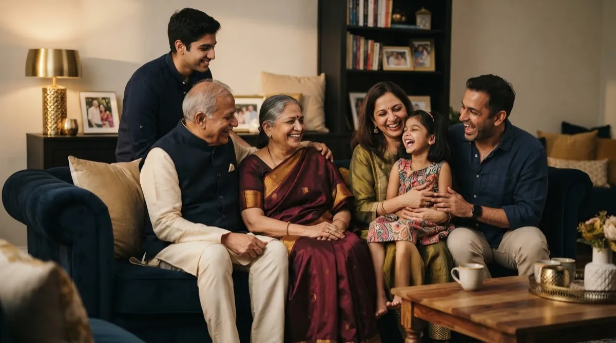 Multi-generational Indian family gathered warmly in a tasteful home living room