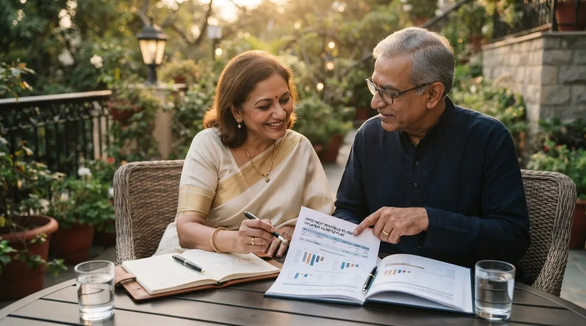 Senior Indian couple reviewing inflation-adjusted investment portfolio outdoors